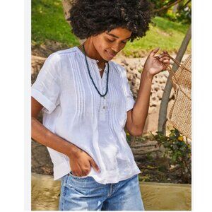 Faherty Gemina White Cuffed Short-Sleeve Pintuck Linen Blouse Top Size Small